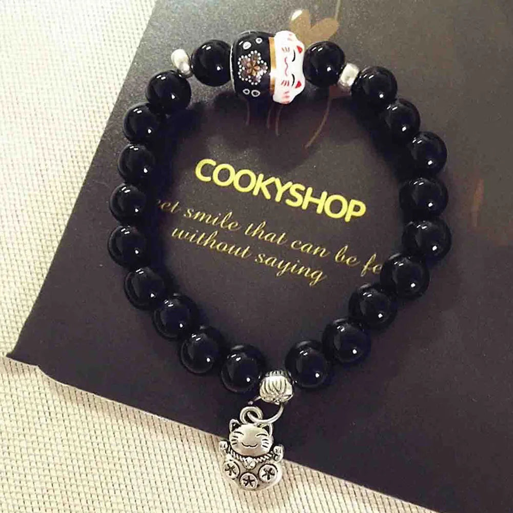 Boho Fortune Cat Charms Bracelet for Women 8mm Round Natural Stone 18cm Stretch Wire Couple Bracelet Jewelry Accessories Gifts