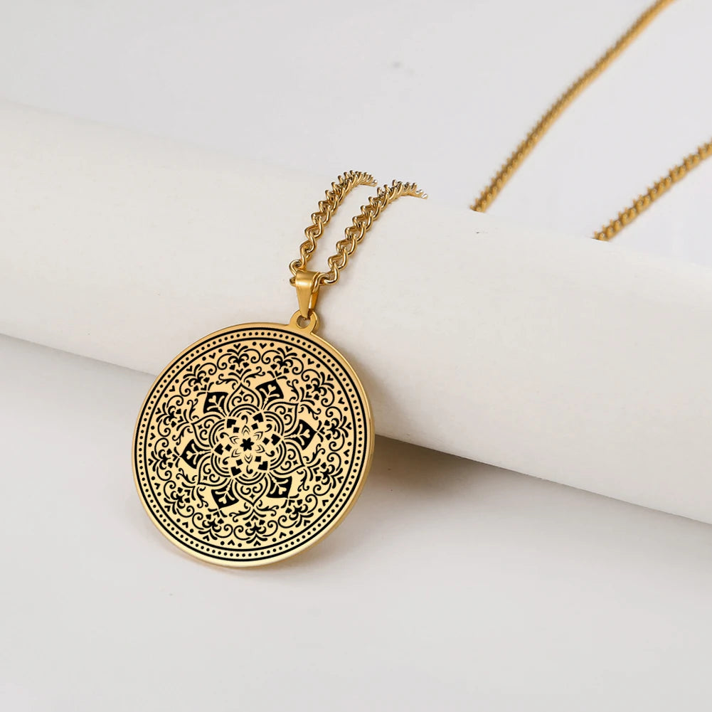 LIKGREAT Lotus Flower Chakra Mandala Pendant Necklace Stainless Steel Women Men Buddhism Hinduism Meditation Spiritual Jewelry