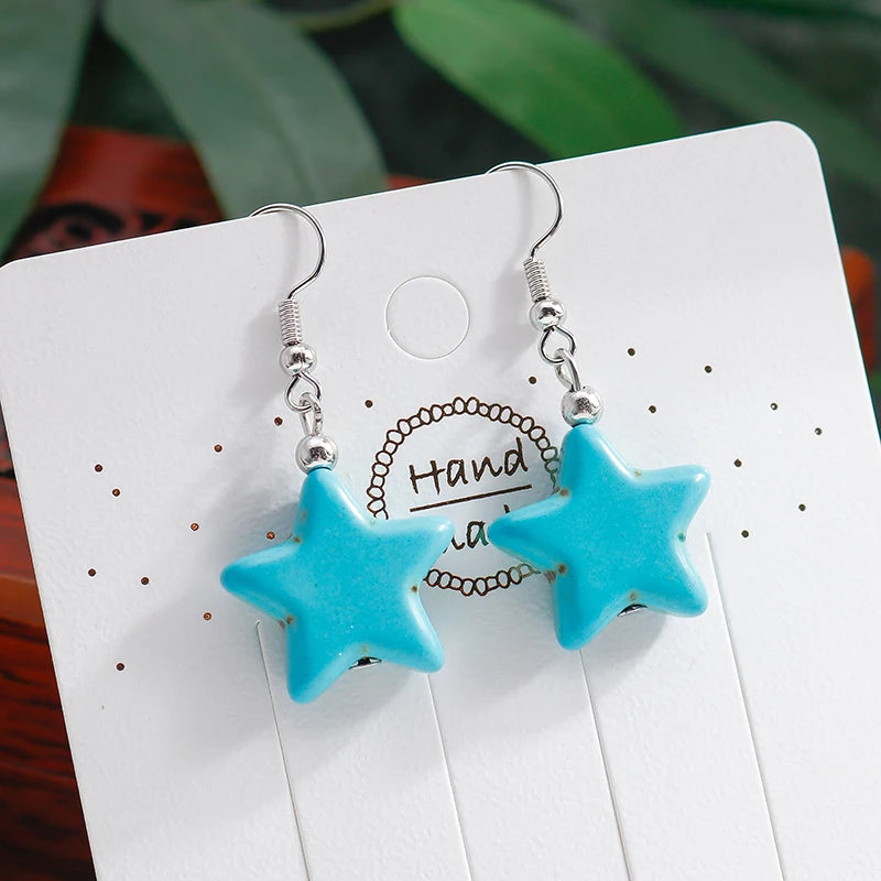 Boho Vintage Turquoise Water Drop Stud Earrings for Women Star Heart Flower Tribe Earring Statement Valentine Day Gift Jewelry