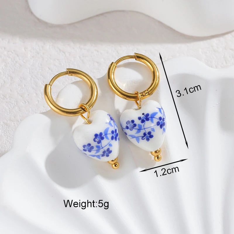 Boho Ceramic Earrings With Handmade Designs Stainless Steel Colorful Fish/Flower Motifs Ear Hoops Trendy Women's Accessories