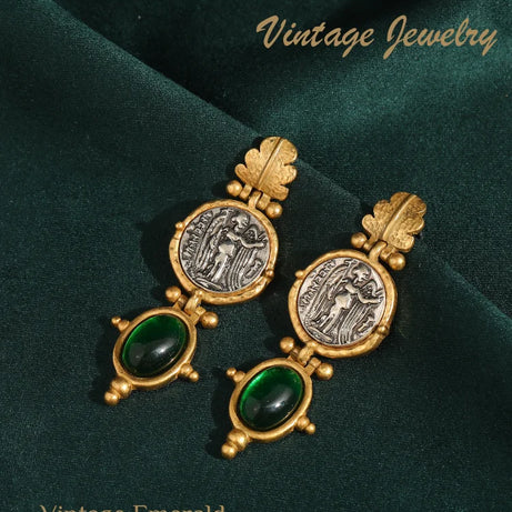 Vintage Emerald Green Stone Dangle Earrings, Antique Gold Coin Boho Jewelry