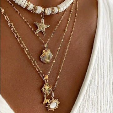 Fashion Boho Summer Beach Jewelry Necklace for Women Soft Pottery Starfish Shell Pendant Vintage Sun Multi Layer Ckokers Gifts