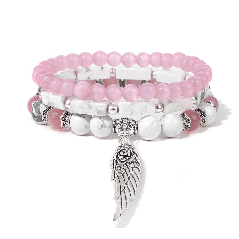 Handmade Silver Color Rose Angel Wing Pendant Bracelet Natural Pink Quartz Crystal Beads Charm Bracelet Women Romantic Jewelry - Charlie Dolly