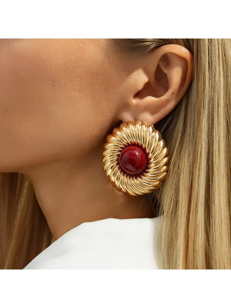 New Trendy Geometric Big Spiral Stud Earrings Women Boho Inlaid Resin Acrylic Beads Earrings Vacation Jewelry Accessories