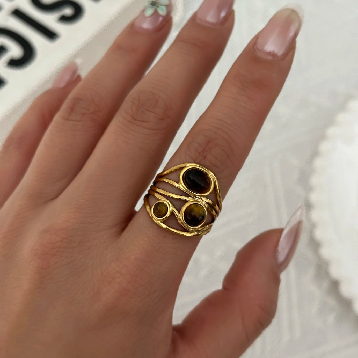 Vintage Boho Turquoise Tiger Eye Stone Rings For Women Stainless Steel Natural Stone Open Finger Ring Party Aesthetic Jewelry - Charlie Dolly