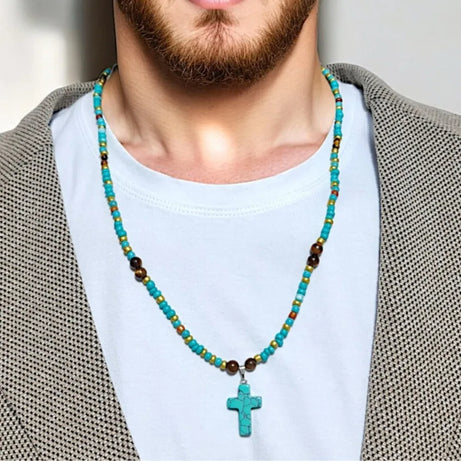 Turquoise Tiger Eye Cross Pendant Necklace Jewelry