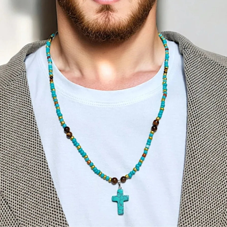 Turquoise Tiger Eye Cross Pendant Necklace Jewelry