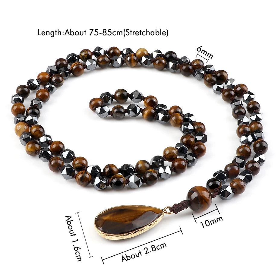 Hematite Tiger Eye 108 Bead Long Necklace Jewelry
