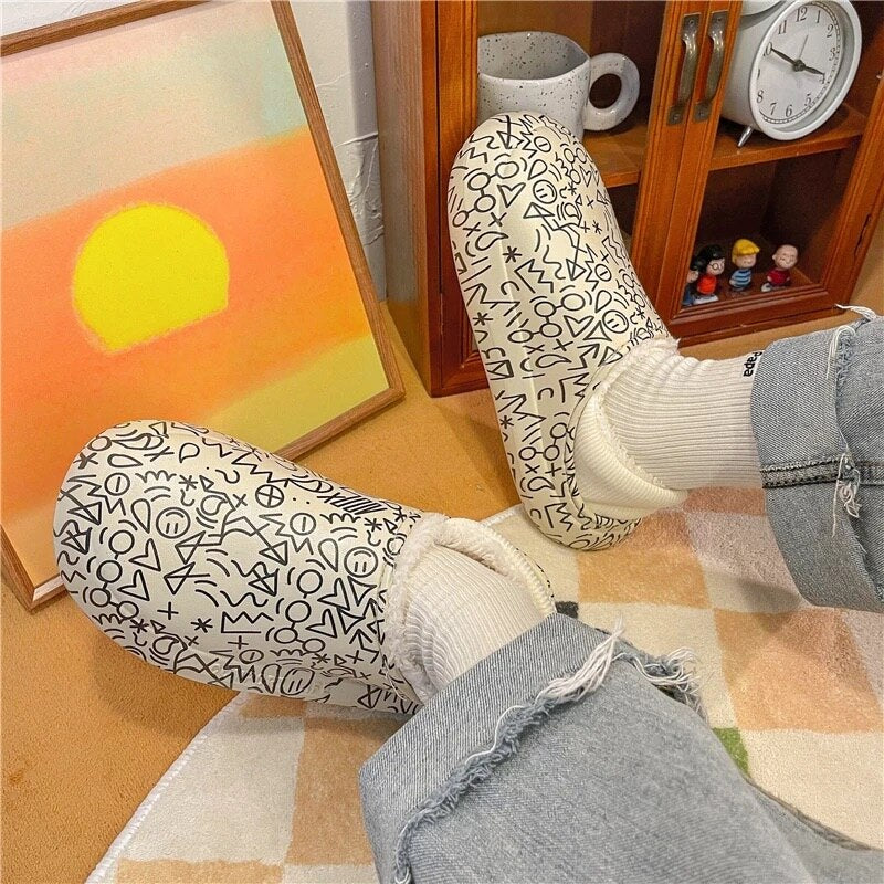 Waterproof winter plush shoes slippers Women EVA cartoon print fleece wram cotton shoes Couples outdoor flats men fuzzy slides - Charlie Dolly