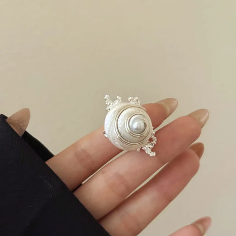 Natural Sea Snail Shell Wire Wrapped Pearl Boho Ring
