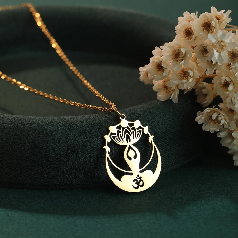 Om Buddha Lotus & Crescent Moon Amulet Necklace, Sacred Yogic Talisman