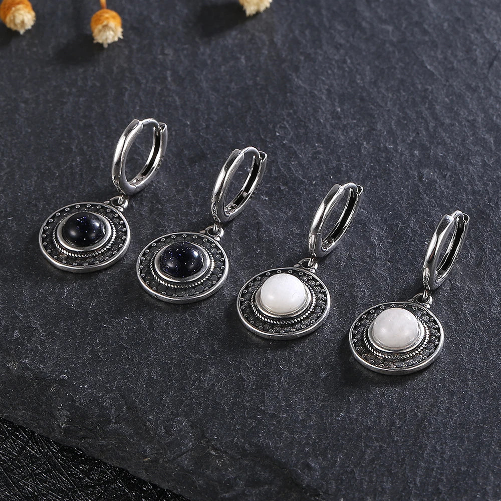 Natural Stone Sun Flower Hoop Earrings for Women, Vintage Antique Silver Turquoise Amethyst Labradorite Dangle Earring Wholesale