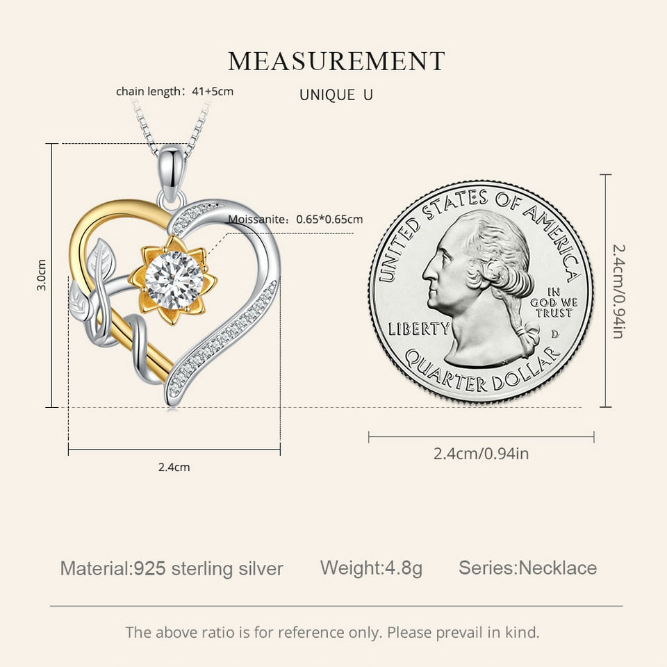 WOSTU 1.0 CT D Moissanite Heart Shape Sunflower Charm Necklace for Women Birthday Gift Double Color Yellow Gold 925 Silver Links - Charlie Dolly