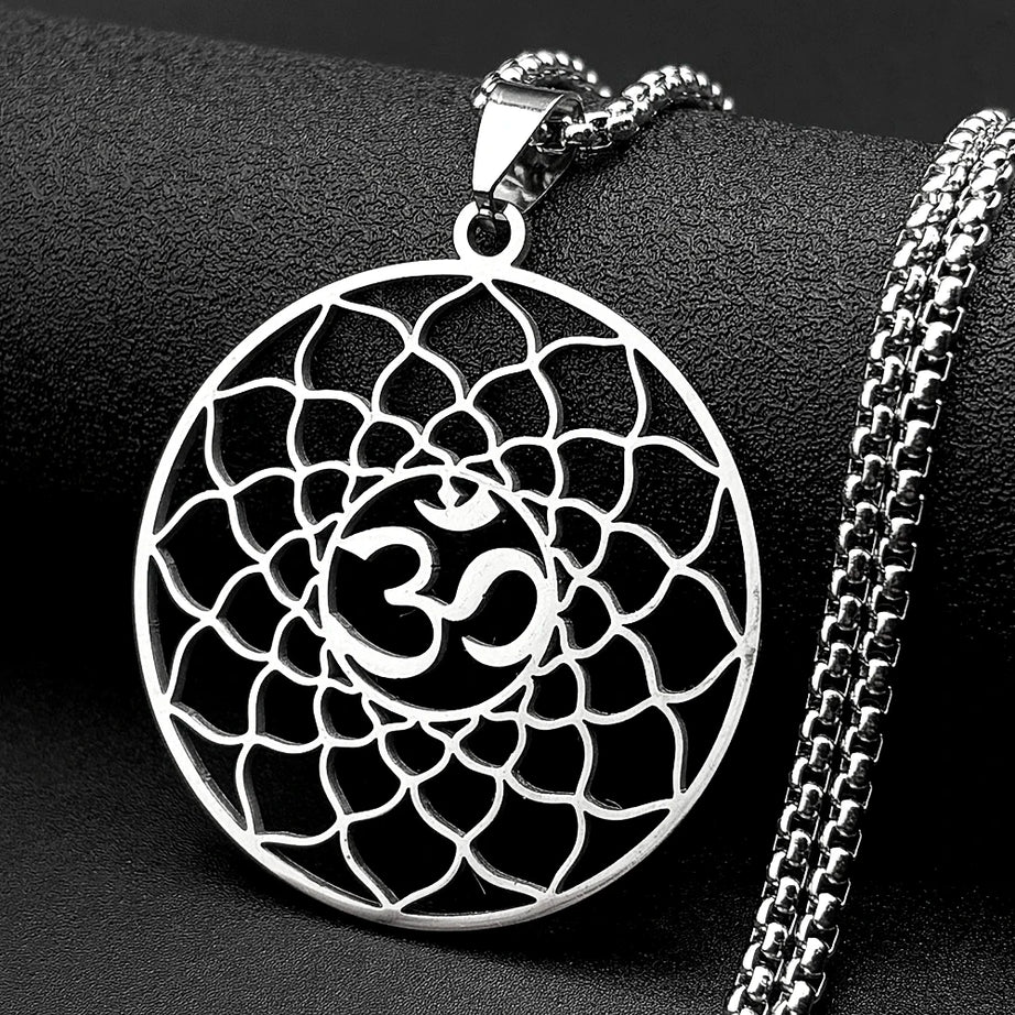 Lotus Flower of Life & Hindu Om Yoga Amulet Necklace, Sacred Geometry Talisman