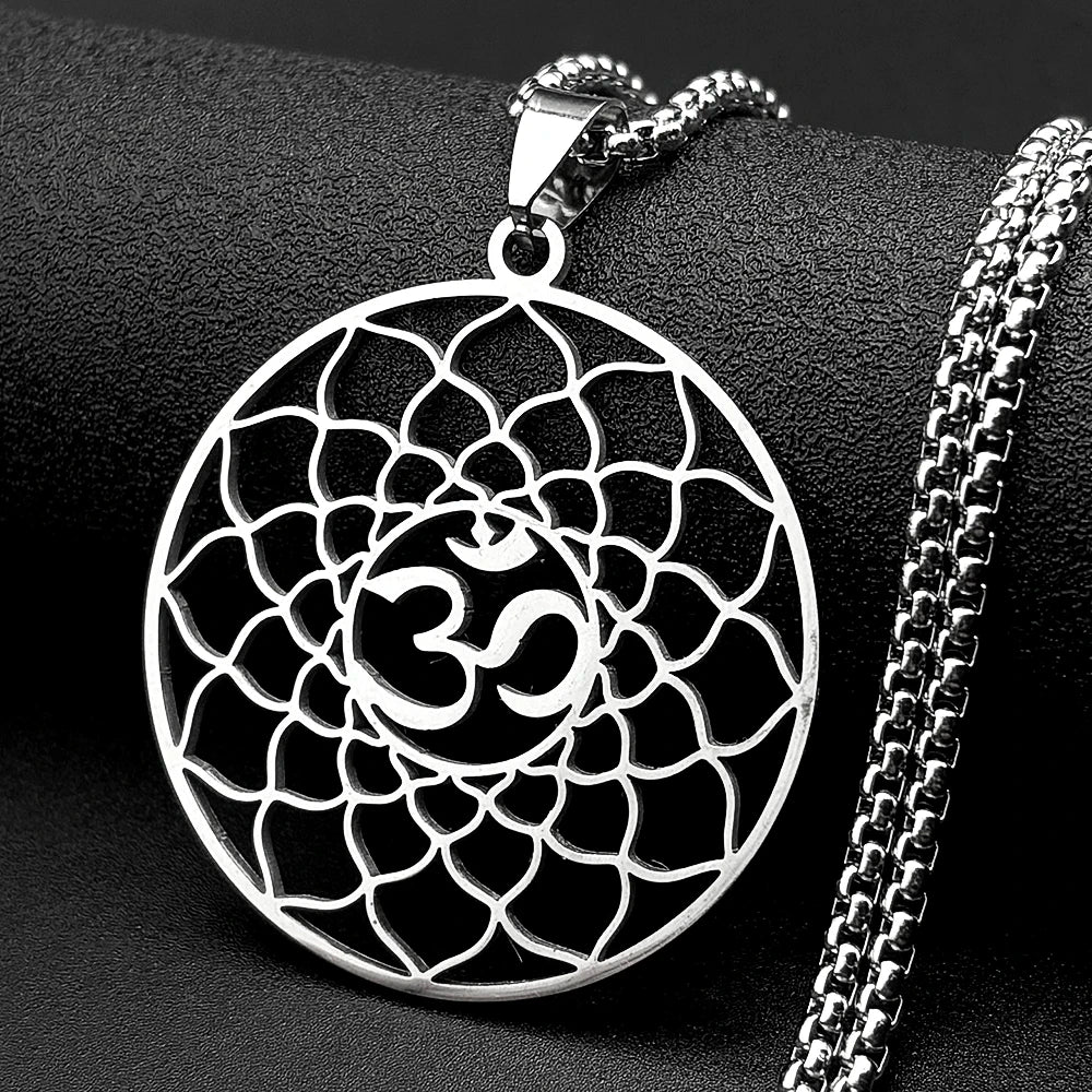 Lotus Flower of Life Hindu Om Symbol Yoga Stainless Steel Pendant Necklace for Women Men Gold Color Buddhist Chain Jewelry Gift