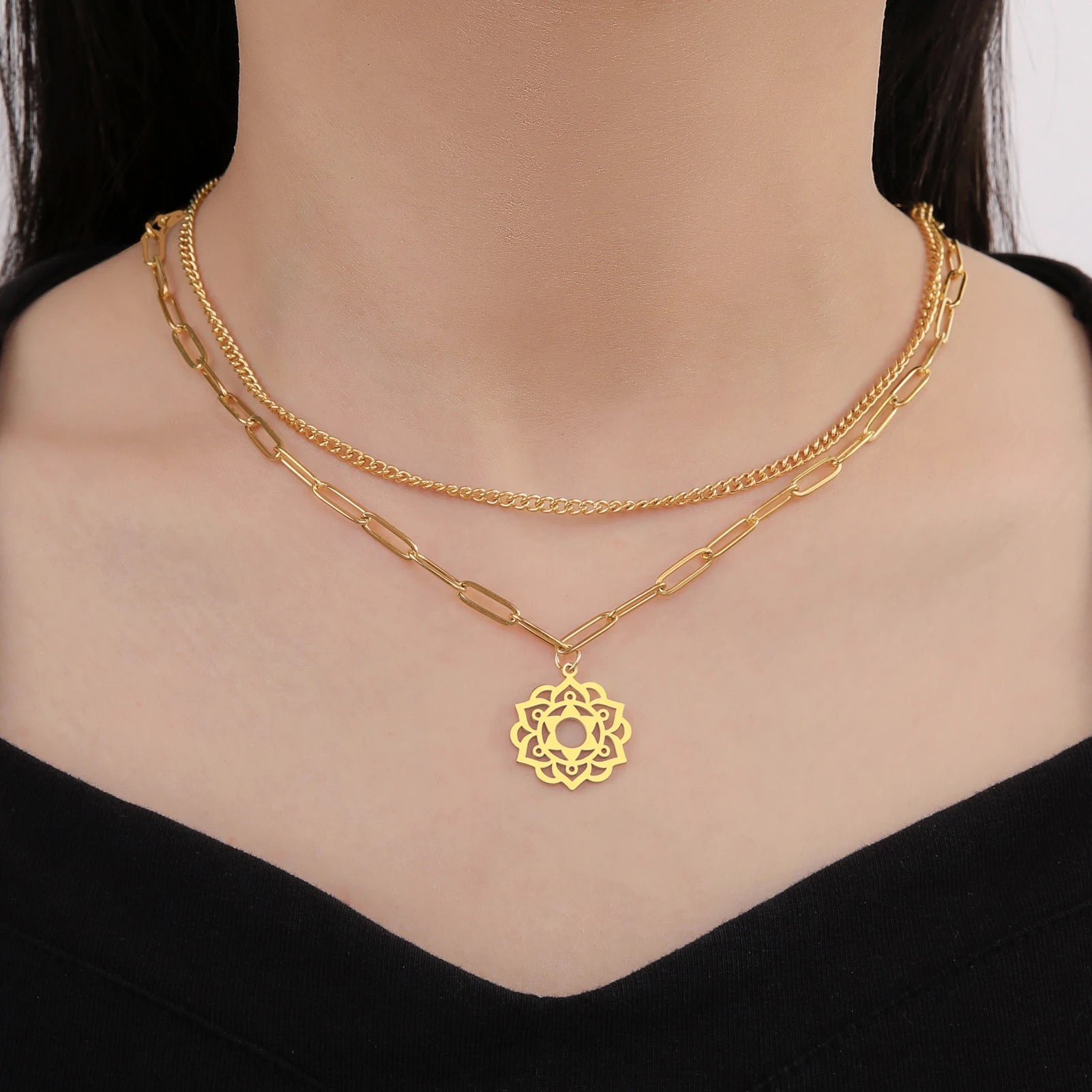 LIKGREAT Yoga Lotus Necklaces Stainless Steel Flower of Life Pendant Women Mandala Healing Buddha Spiritual Chakra Jewelry