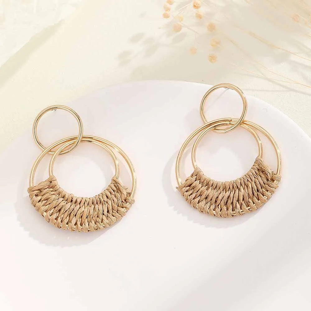 Raffia Hoop Earrings for Women Girls Fun Boho Summer Beach Earrings Lightweight Handmade Straw Wicker Rattan Dangle Earrings