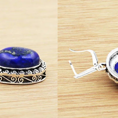 Natural Lapis Lazuli Earrings Snail Flower Pendant For Women Vintage Antique Silver Plated Fashion Jewelry Anniversary Gift - Charlie Dolly