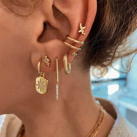 Gold Plated Hoop Stud Ear Cuff Earrings Set Jewelry