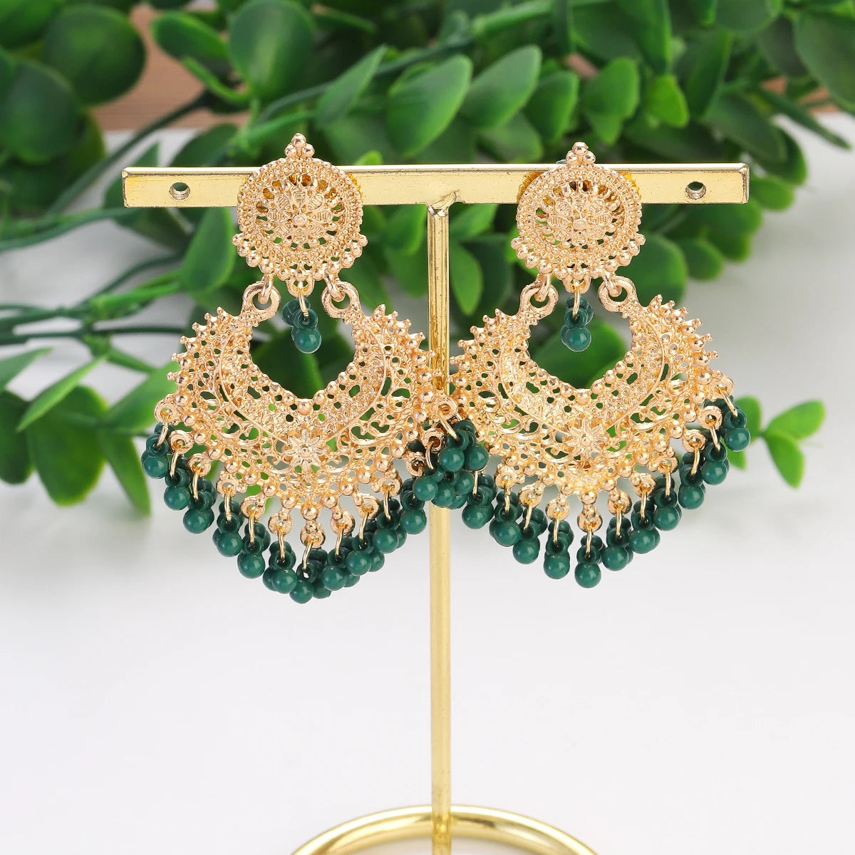 Boho Gold Color Heart Shape Carved Flower Dangle Earrings for Women Indian Jhumka Earrings Retro Pink Beads Tassel Jewelry 2023