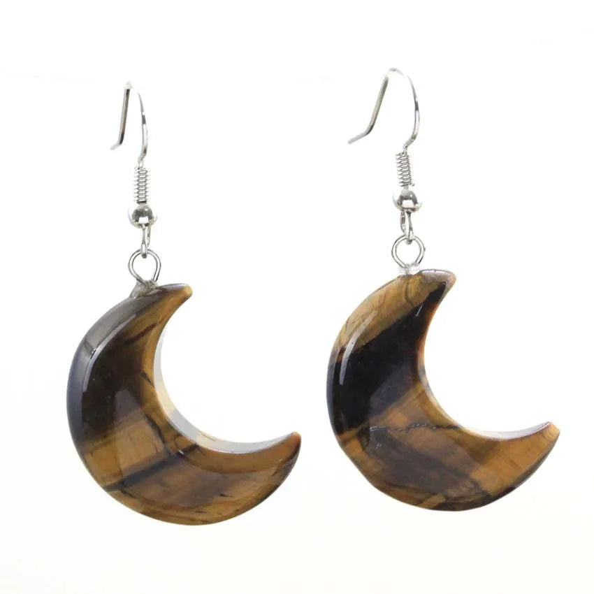 Crescent Moon Crystal Stone Earrings Natural Amethyst Rose Quartz Lapis Lazuli Black Agate Tiger Eye Stone Dangle Hook Earring