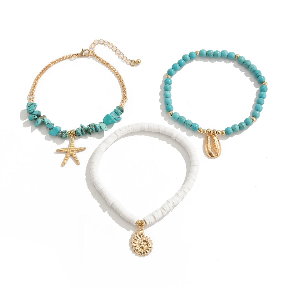 SHIXIN 3Pcs Irregular Green Natural Stone Bead Anklet Set for Women Boho Conch Starfish Feet Chain Bracelet Summer Beach Jewelry - Charlie Dolly