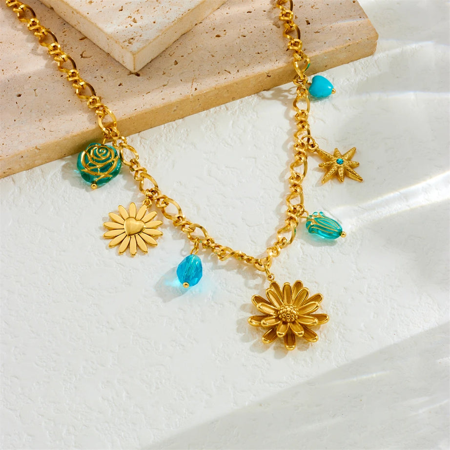 Gold Lotus Flower & Butterfly Pendant Necklace, Stainless Steel Boho Transformation Talisman