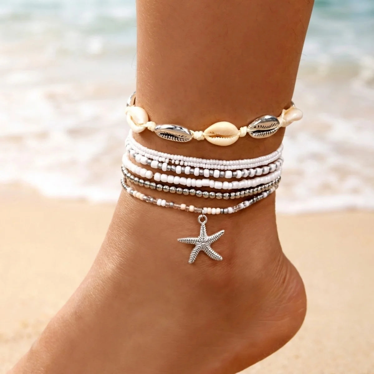 Multilayer Metal Starfish Tassel Shell Rice Beads Anklet Set For Women Men Boho Beach Vacation Foot Chain Ankle Bracelet Jewelry