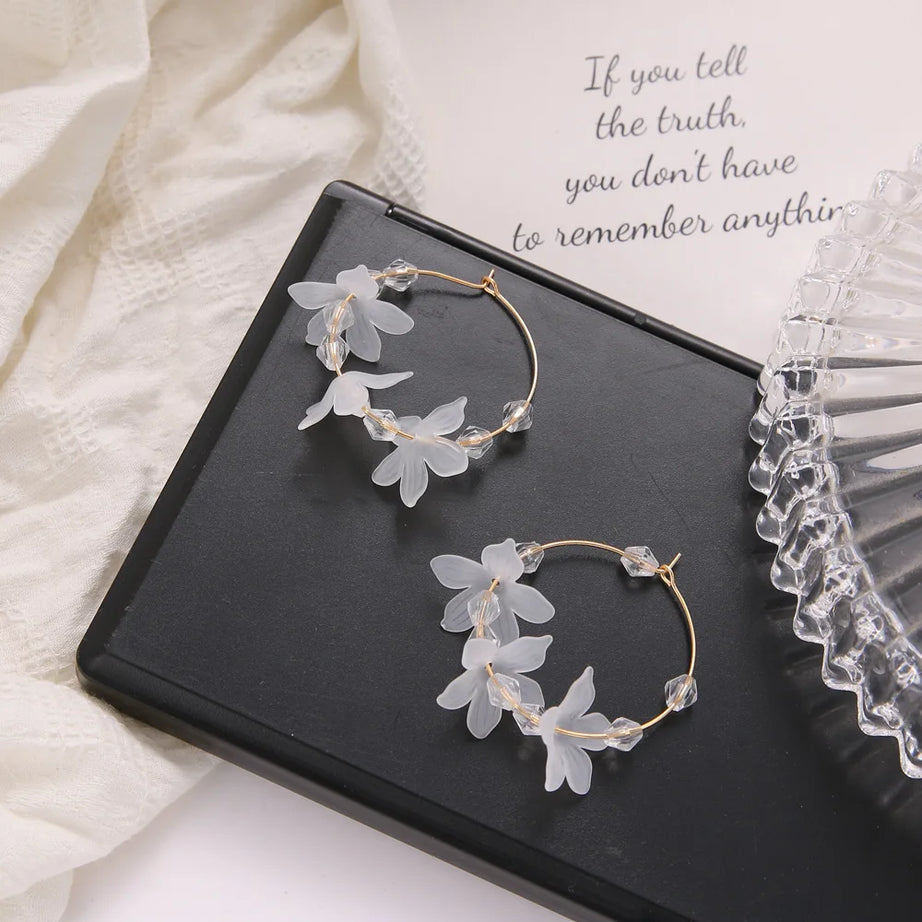 White Flower Crystal Long Drop Earrings Jewelry