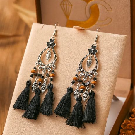 Heart Flower Enamel Bead Tassel Earrings Jewelry