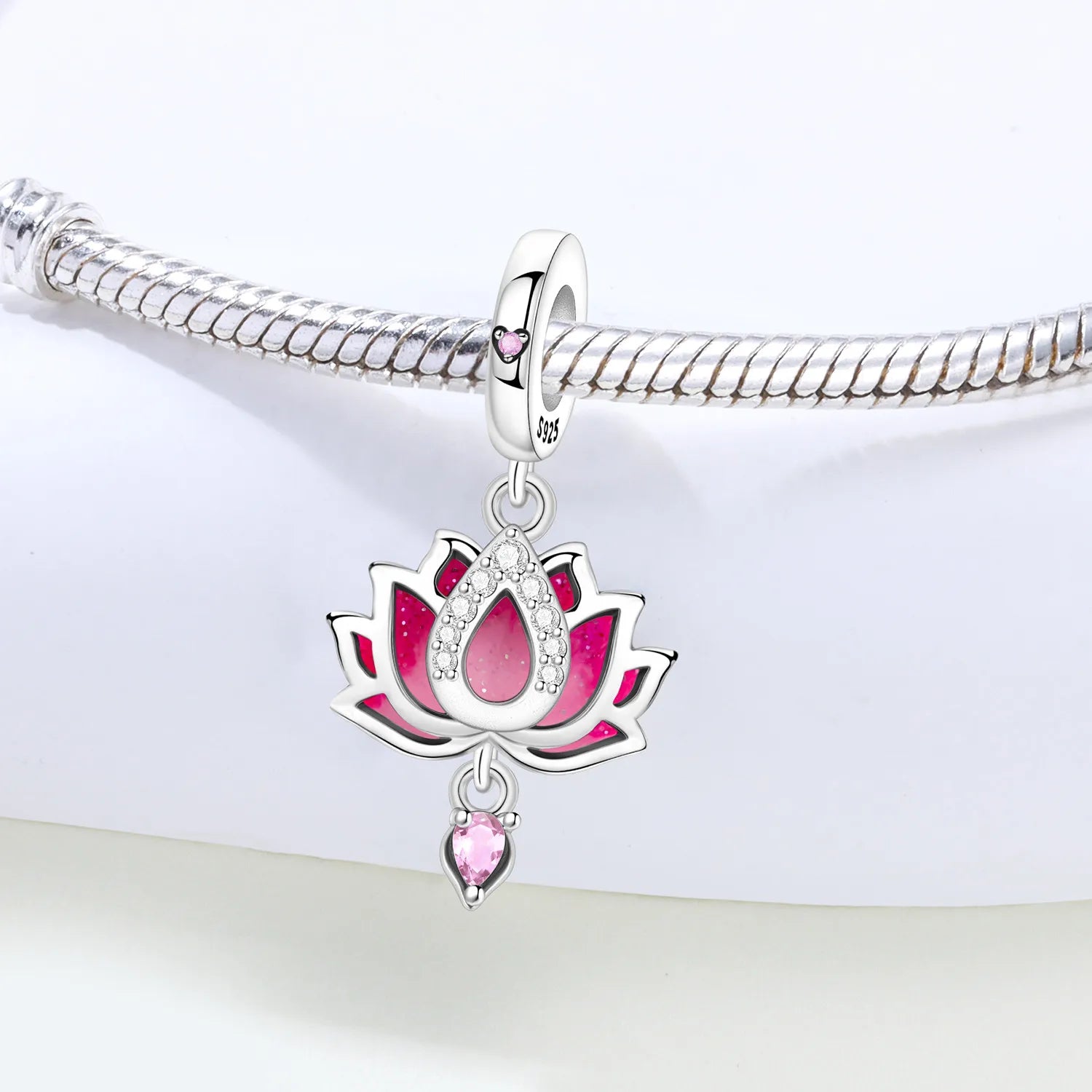PANPOKI 925 Sterling Silver Pink Lotus Flower Charms Beads Pendant Fit DIY Bracelet Necklace Jewelry Souvenir Gifts