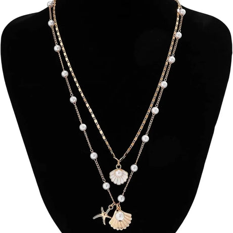Gold Seashell and Starfish Layered Pendant Necklace