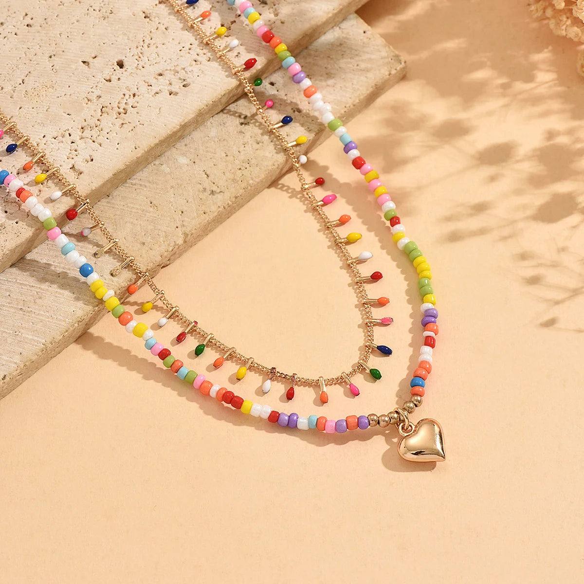 Rainbow Glass Bead Heart Choker Necklace Jewelry
