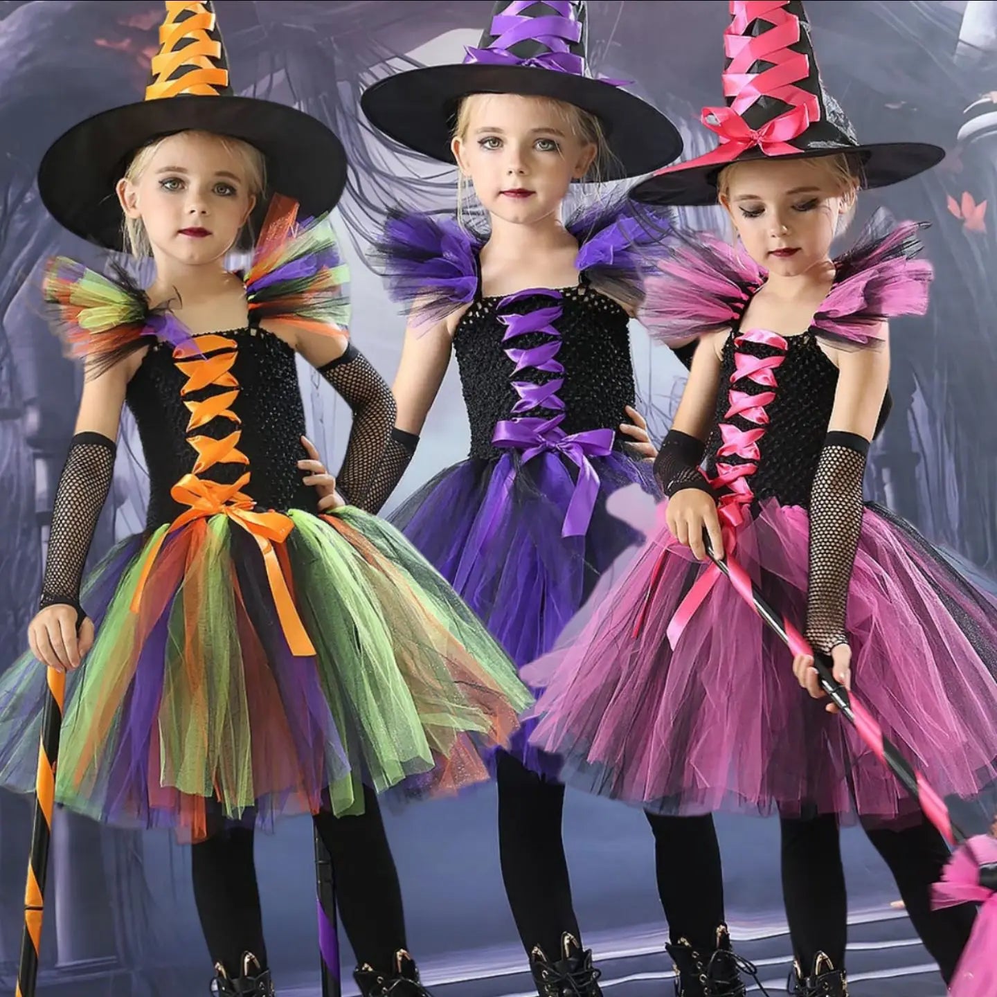 Halloween New Witch Dress Cosplay Costume Dress for Girl Carnival Party Dress Hat Broom Fancy Clothes Suit - Charlie Dolly