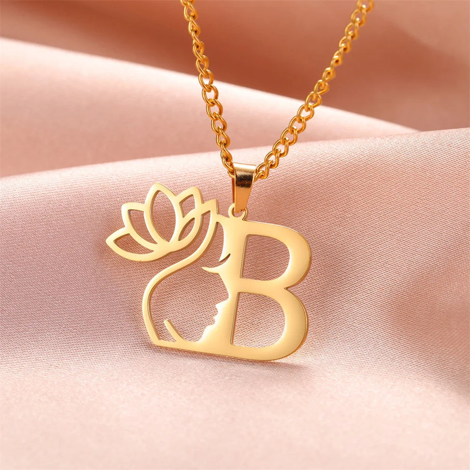 Lotus Flower Initial Letter Pendant, Personalized Stainless Steel Necklace