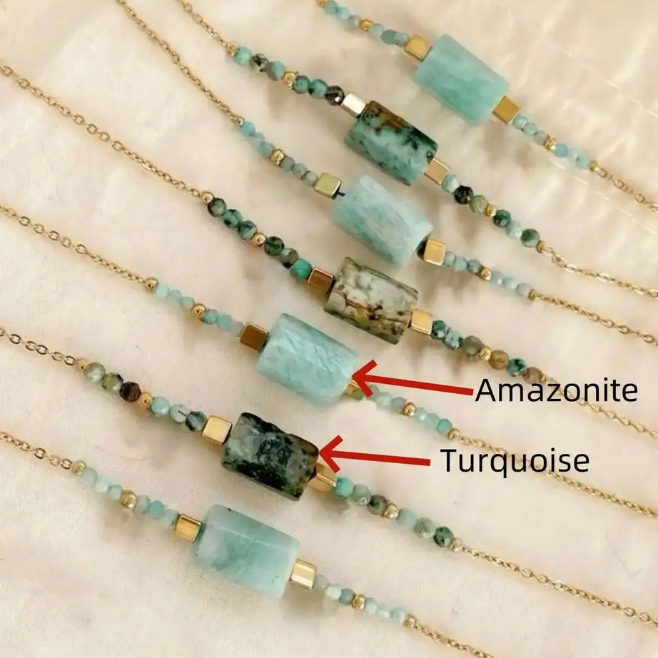 Boho  Beach Jewelry Chic Natural Stone Turquoise Amazonite Beaded Bracelet with Gold Plated Chain Women's  Gift - Charlie Dolly