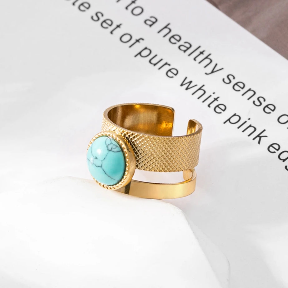 WILD & FREE Boho Stainless Steel Rings For Women Glamour Trendy Gold Color Inlaid Natural Stone Statement Jewelry - Charlie Dolly