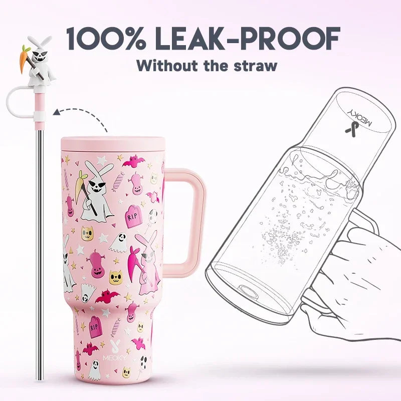 Meoky 40oz Tumbler Handle with Straw Cute Stopper Stainless Steel Insulation Coffee Cup Luminous Vacuum Car Mug Halloween Gifts - Charlie Dolly