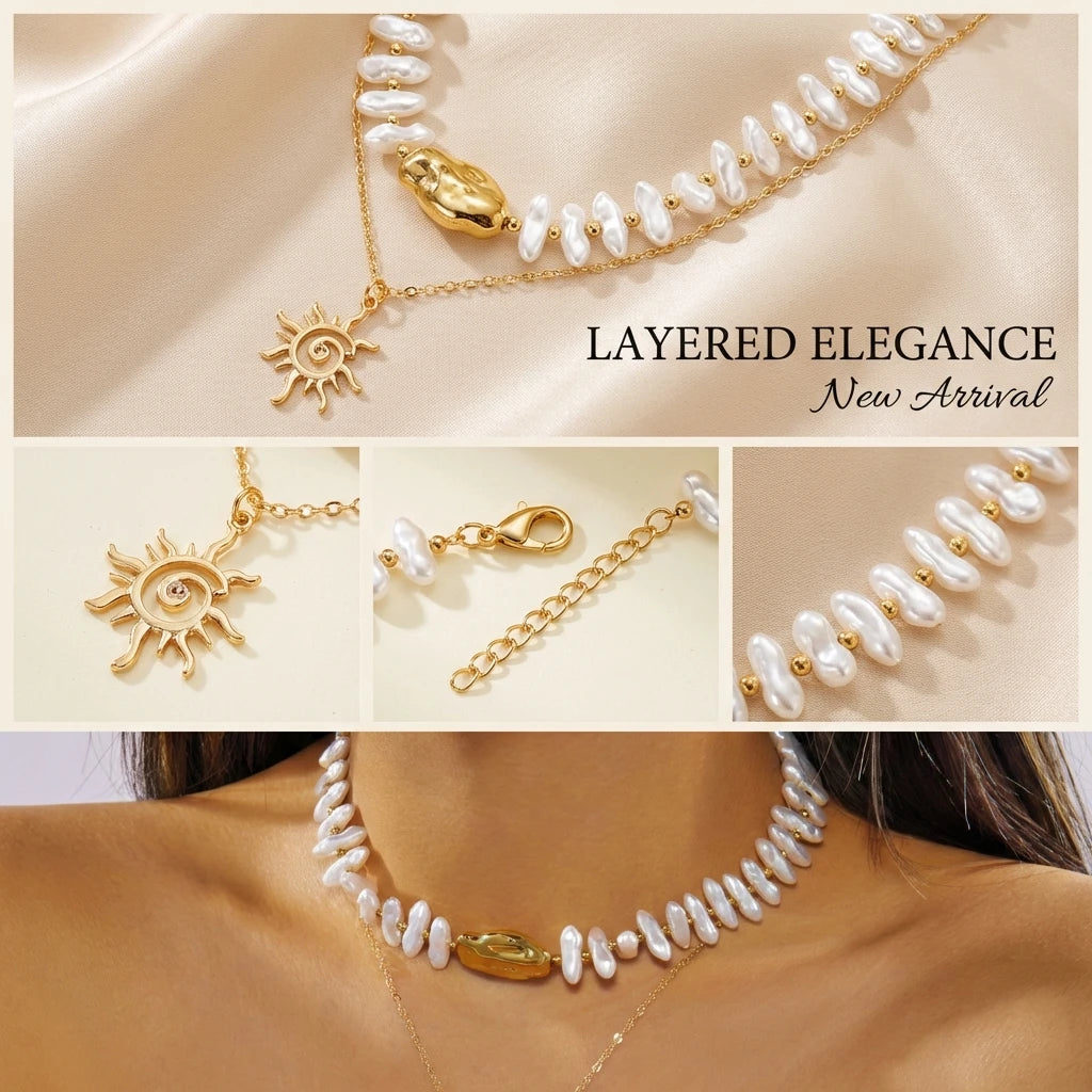 Layered Sun Pendant Bead Choker Necklace Jewelry