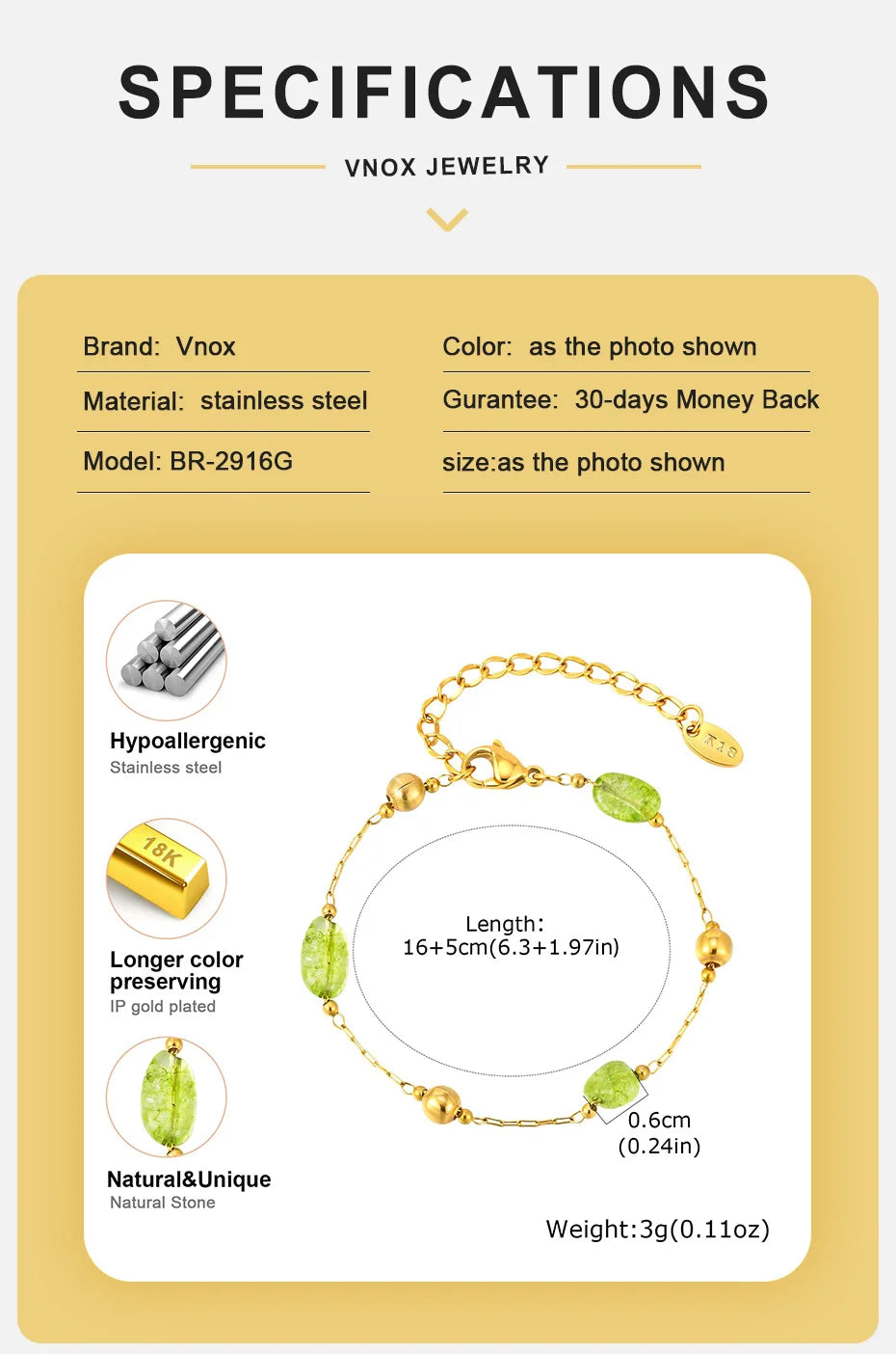 Vnox Stainless Steel Natural Green Stones Spacer Bead Thin Chain Bracelet Summer Boho Seaside Vacation Choker Bracelet Jewelry