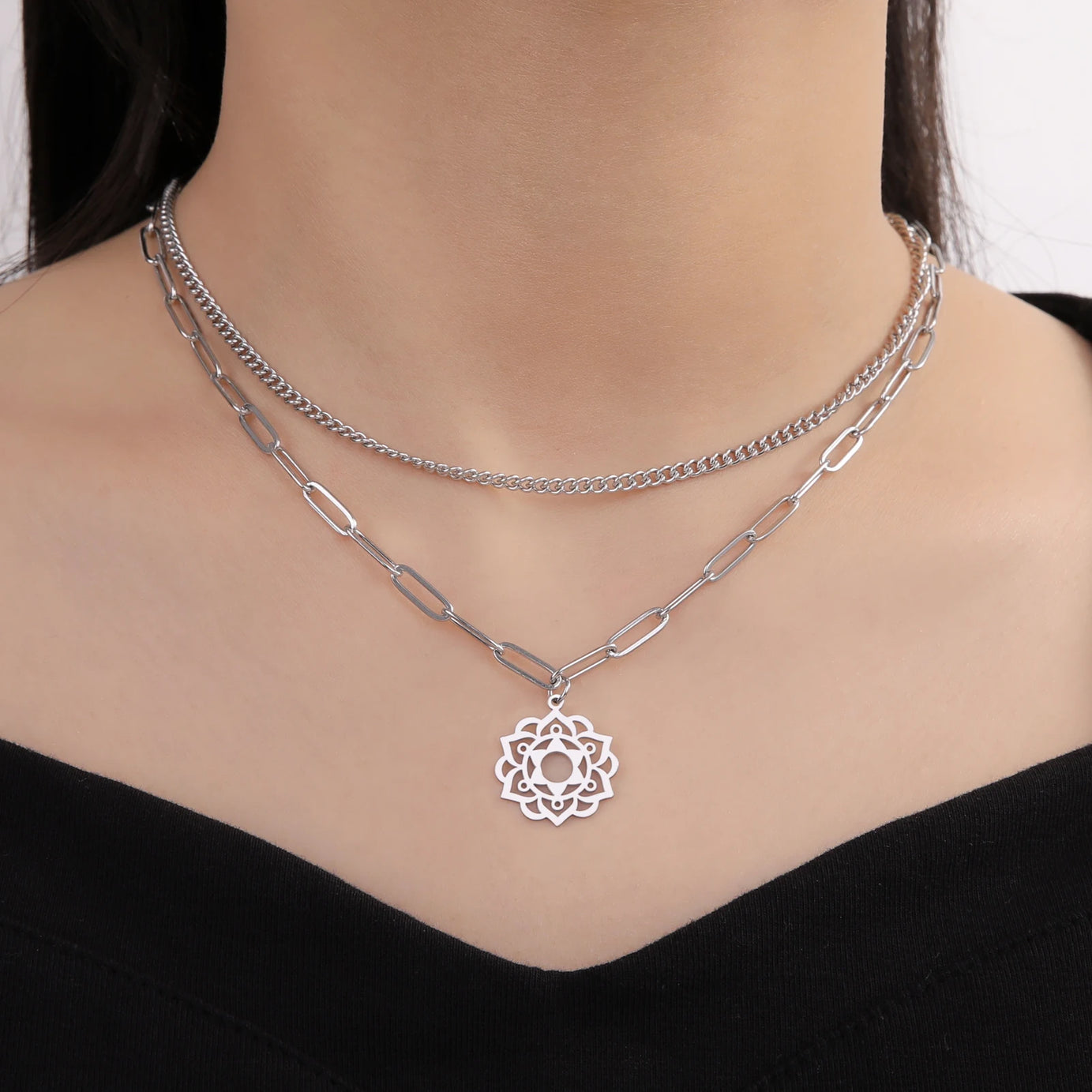 Yoga Lotus & Flower of Life Pendant Necklace, Stainless Steel Chakra Healing Amulet