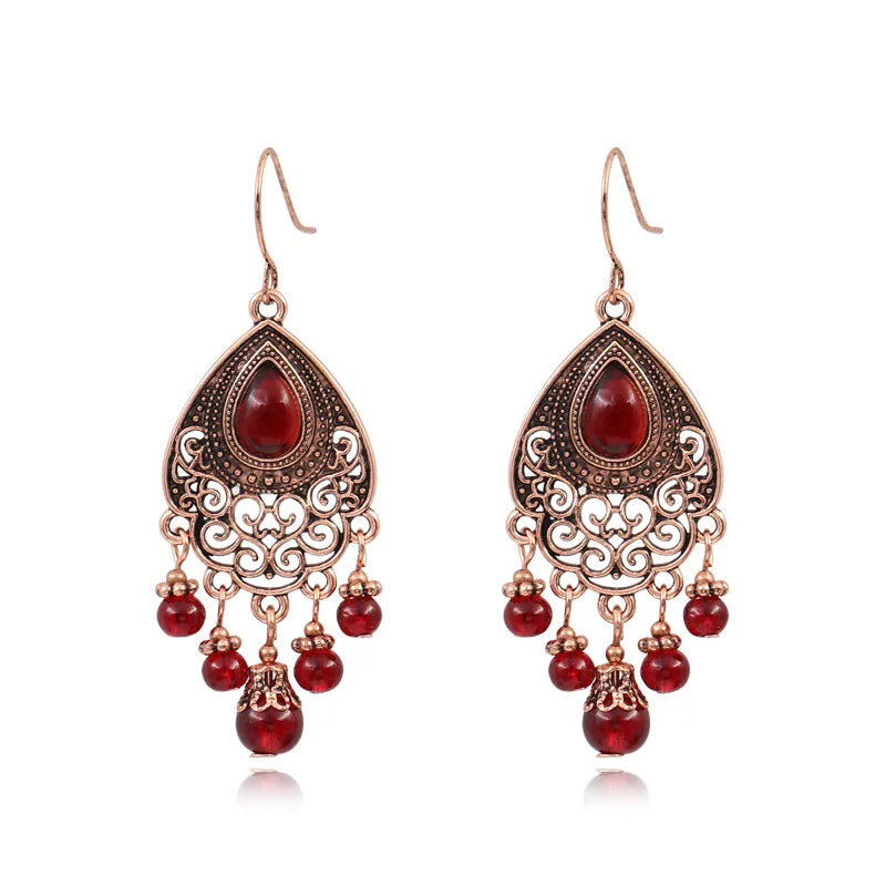 Bohemian Orange Beaded Tassel Drop Earrings Ethnic Carved Alloy For Women Vintage Stone Boho Ladies Earrings