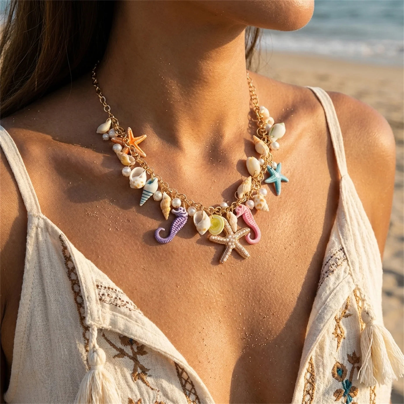 Starfish, Conch and Seahorse Exaggerated Chain Choker