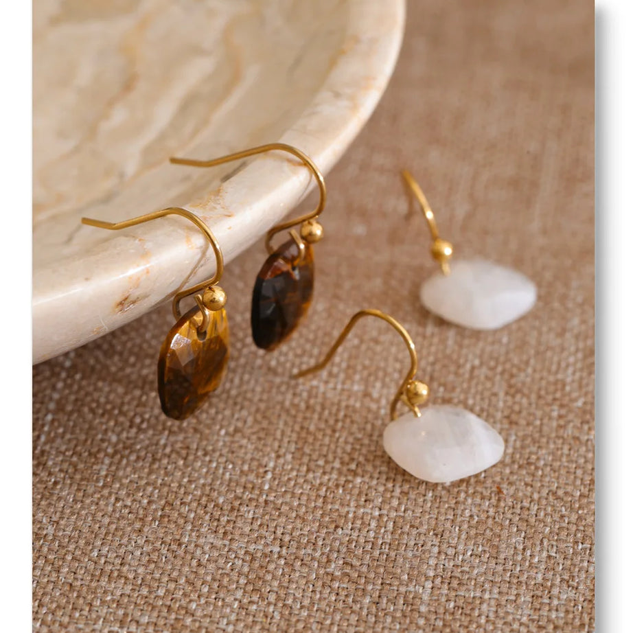 Natural Stone Square Drop Earrings, Tiger Eye Agate 14K Gold-Plated Stainless Steel Jewelry