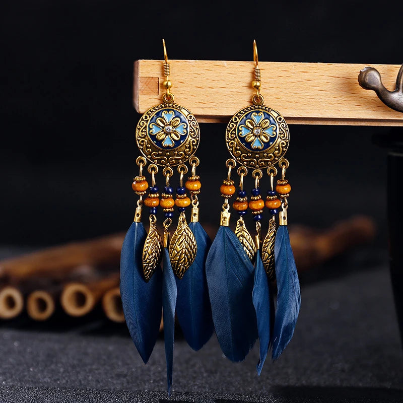 Bohemian Vintage Jewelry For Women Trendy Carved Leaf Feather Tassel Long Earrings Boho Flower Beads Handmade Wedding Earrings