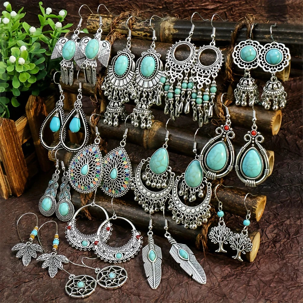 14 Pairs Boho Earrings with Turquoise Antique Silver Tassel/Bird/Rhinestone/Tree of Life Designs Trendy Ornaments Easy to Wear