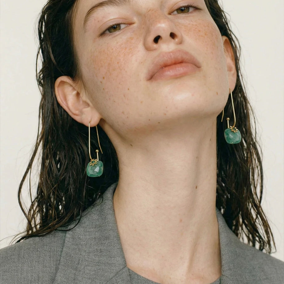 Natural Stone Square Drop Earrings, Tiger Eye Agate 14K Gold Waterproof Stainless Steel Jewelry