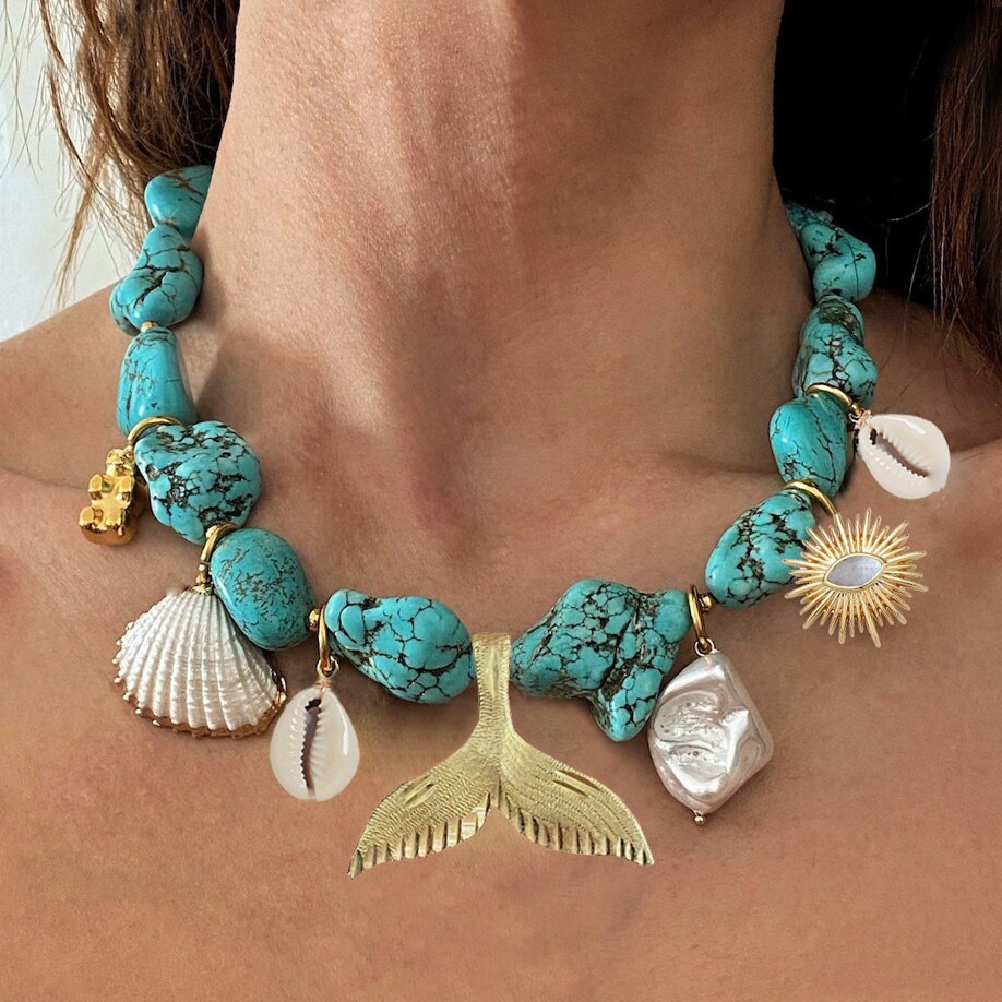 Turquoises Man Women Vintage Glamour Embellishment Necklace Multi-color Irregular Shell Beaded Collar Fashion Avant-garde - Charlie Dolly