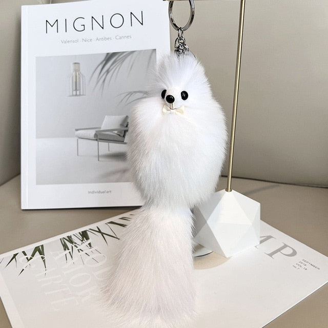 Cute Fluffy Bow-knot Fox Ball Key Chain Rings Pompom Real Fox Fur Charm Keychain Car Bag Key Ring Women Jewelry - Charlie Dolly