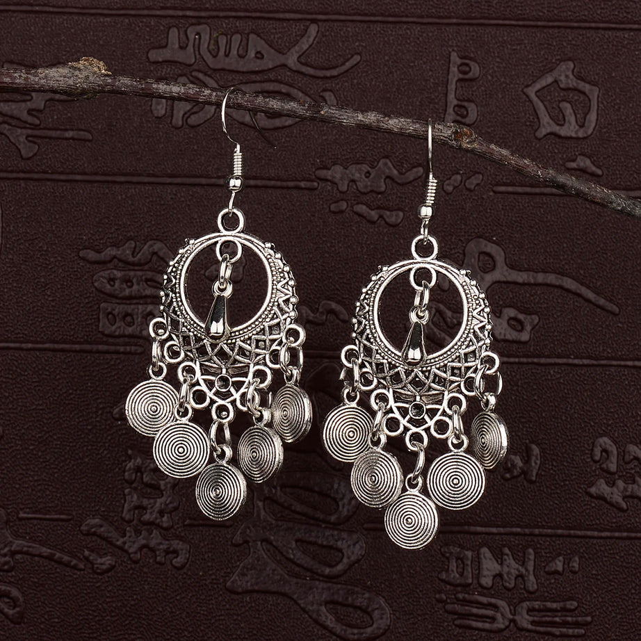 Silver Hollow Round Leaf Tassel Jhumki Earrings Jewelry
